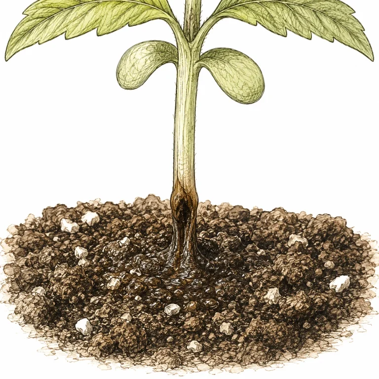 Damping-off: pinched stem on a cannabis seedling