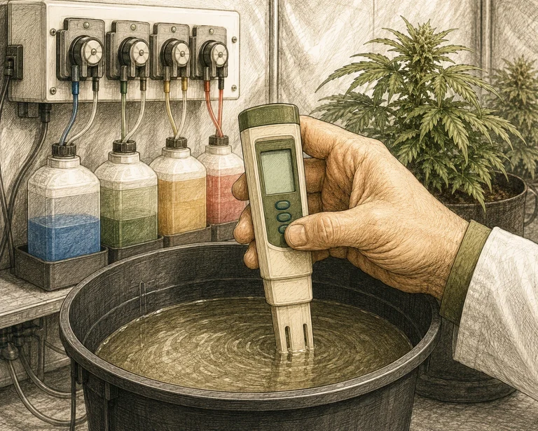 EC meter reading in a cannabis grow room with nutrient dosing pumps