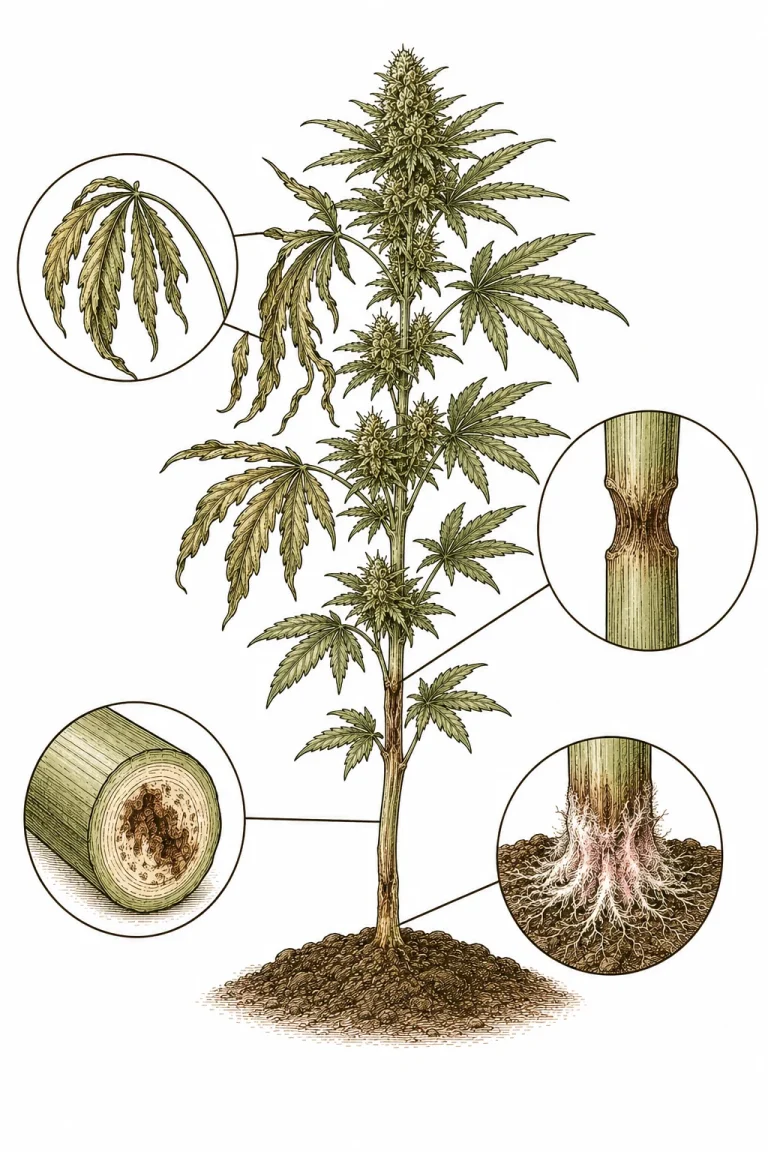 Fusarium-Symptome bei Cannabis: welke Blätter, brauner Stängel und weißliches Myzel