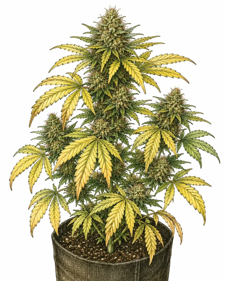 Cannabis gelbe Blätter Blüte Übersicht der ganzen Pflanze