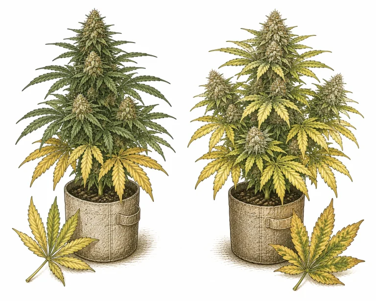 Gelbe Blätter natürlich vs. pathologisch im Cannabis Vergleich