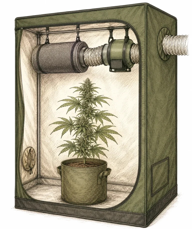 Carbon filter and exhaust fan in a grow tent during setup