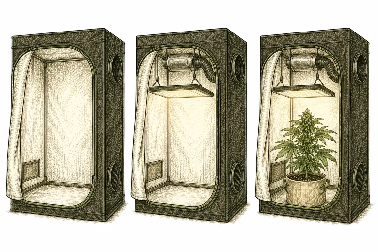 Step-by-step grow tent setup collage for cannabis beginners