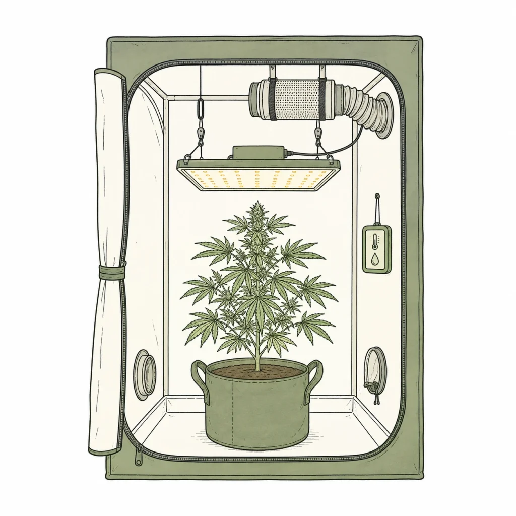 Grow tent setup for cannabis beginners with LED grow light, exhaust fan, carbon filter and hygrometer