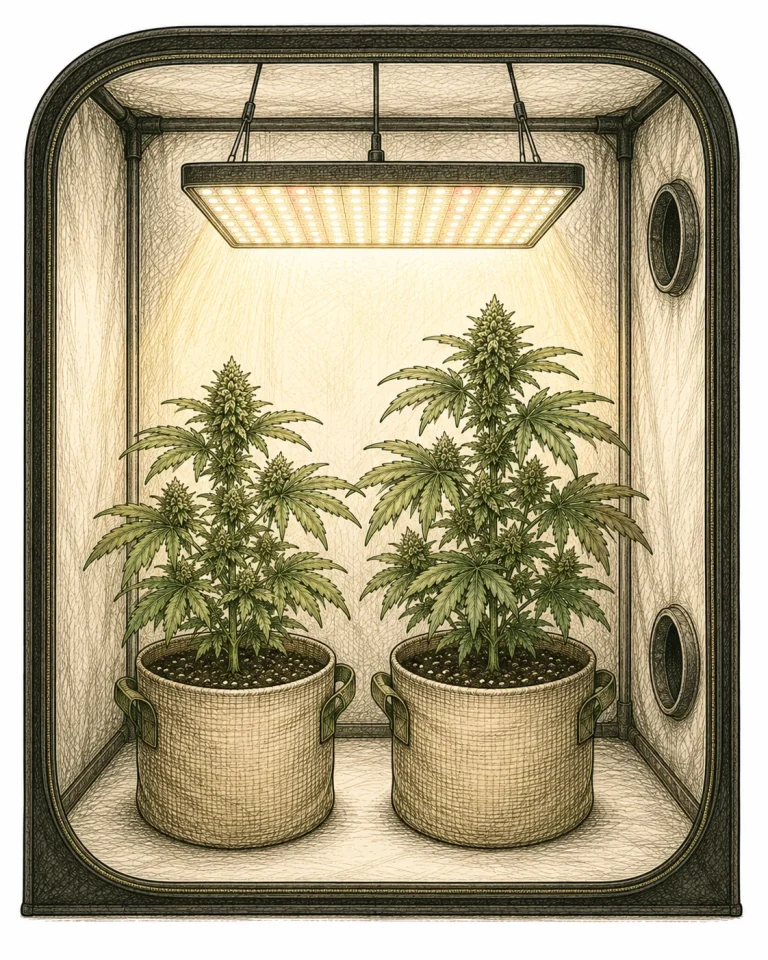 LED grow light above cannabis plants in a grow tent during setup