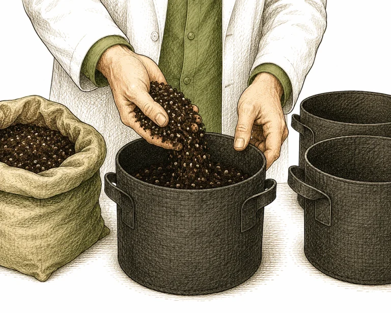Filling a pot with growing medium while setting up a cannabis grow tent