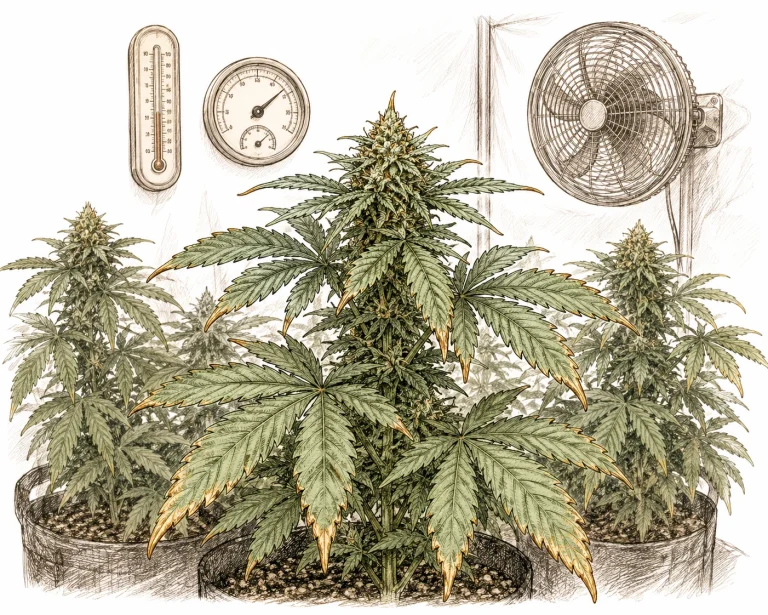 Hitzestress braune Blattspitzen Cannabis Thermometer