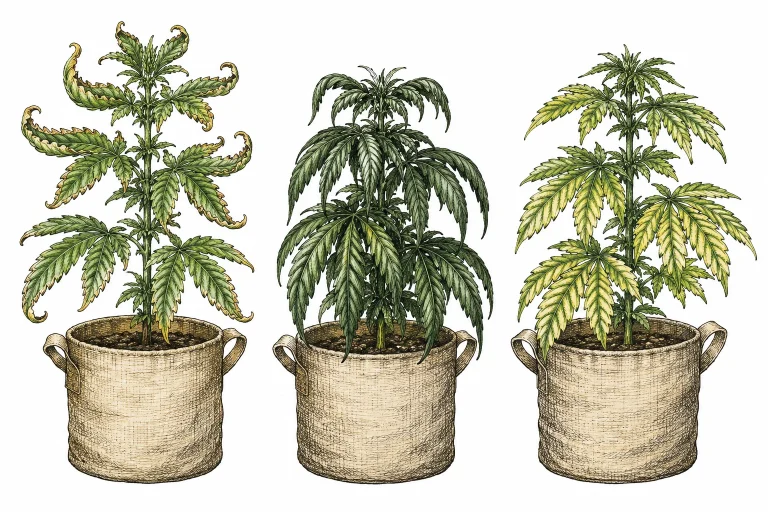 Vergleich Cannabis Blätter: Hitzestress, Überwässerung und Magnesiummangel im Unterschied