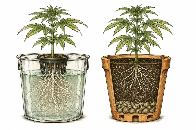 Healthy white roots in a hydroponic system compared to a soil pot with good drainage material