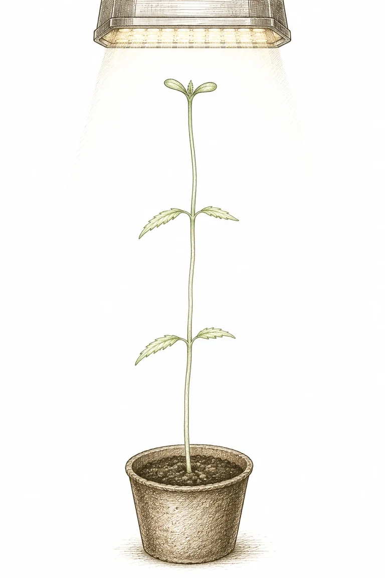 Leggy cannabis seedling with a long, thin stem
