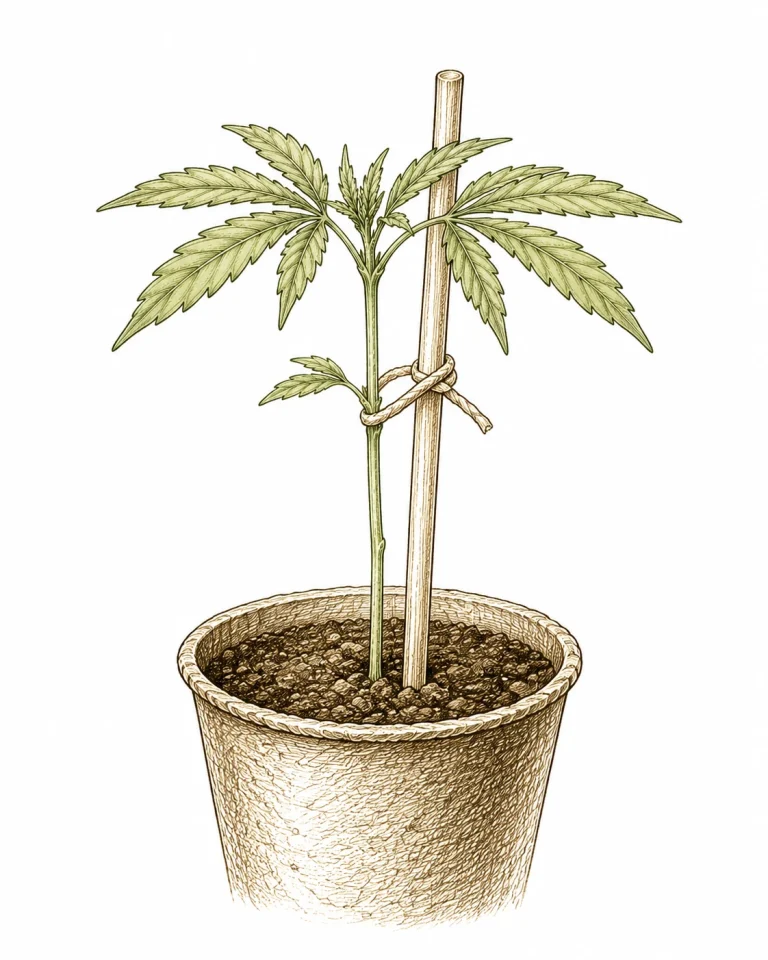 Cannabis seedling supported by a wooden stake as a quick fix