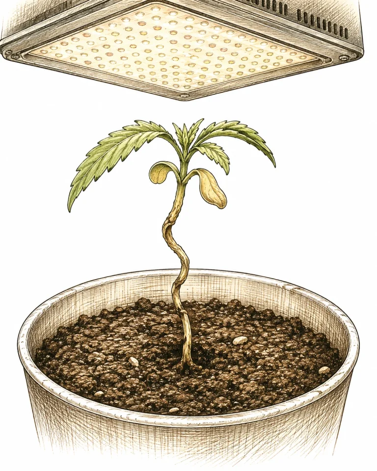 Cannabis seedling with heat stress, curled leaves from an LED too close