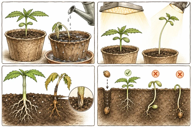 Cannabis seedling falling over: four causes shown in four panels
