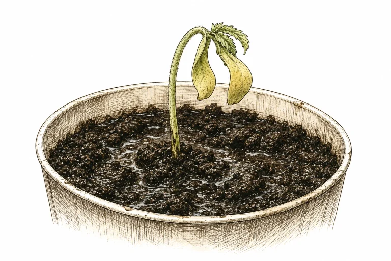 Cannabis seedling with a limp stem in soggy soil