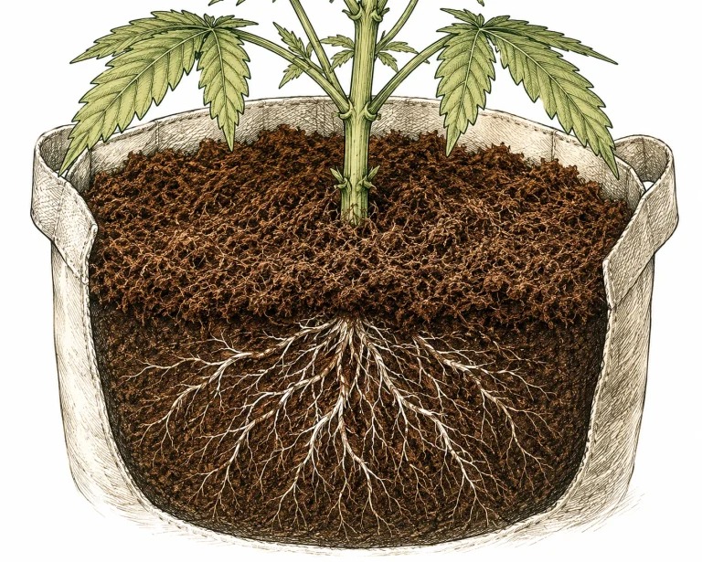 Coco coir grow bag with white cannabis roots