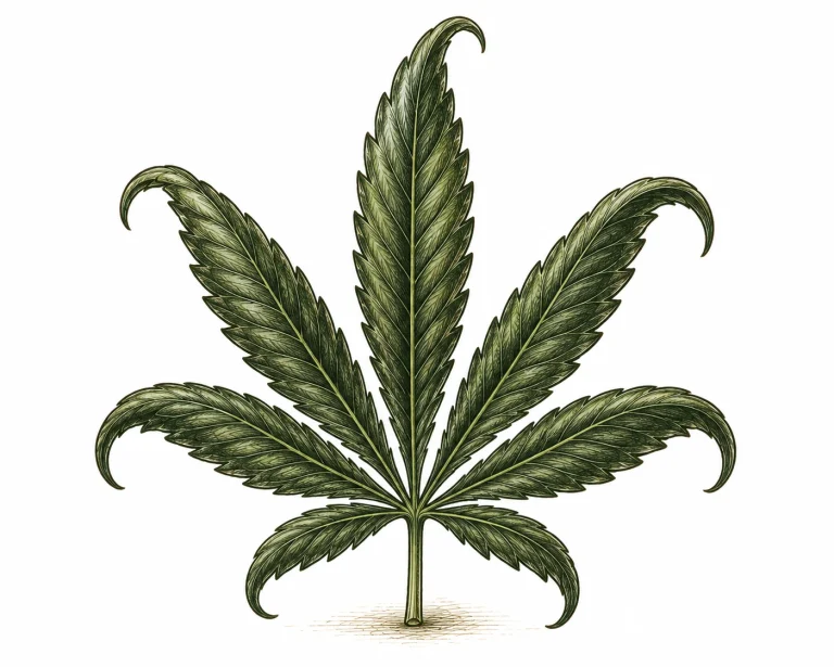 Close-up of cannabis claw leaves with hooked leaf tips