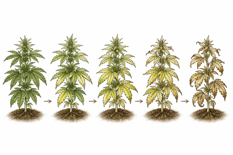 Cannabis Krankheitsverlauf im Zeitraffer, leichte bis starke Blattschäden