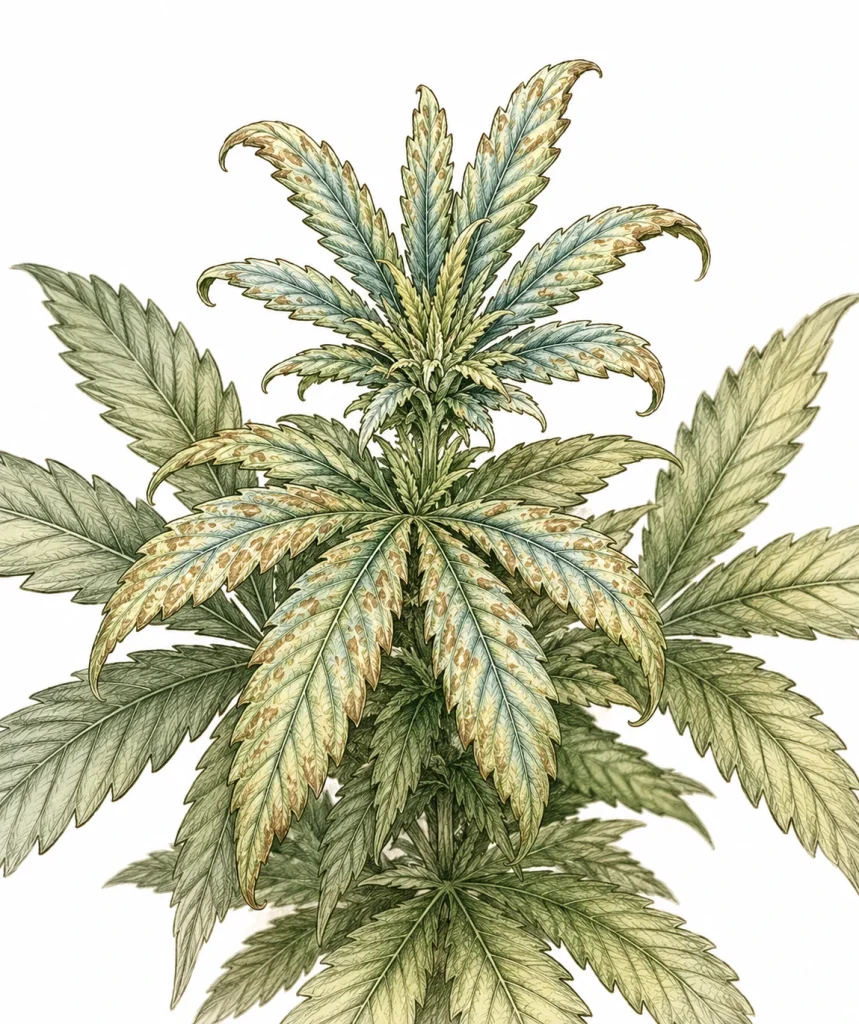 Copper deficiency cannabis symptoms: blue-green young leaves with bronze spots and edges curling downward