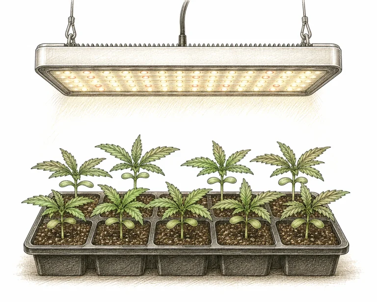Cannabis foxtailing prevention: LED grow light hung at the right height in a grow tent