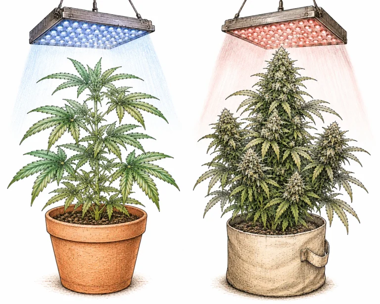 Cannabis unter blauem LED-Licht vegetativ und rotem LED-Licht in Blüte