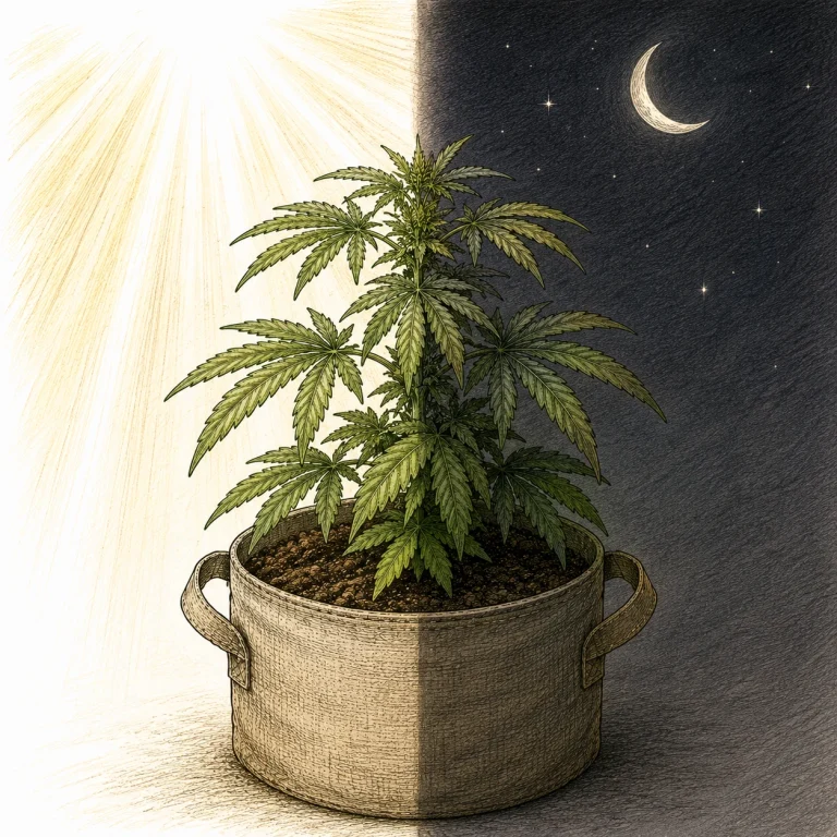 Cannabis plant switching between the light period and dark period of its light cycle