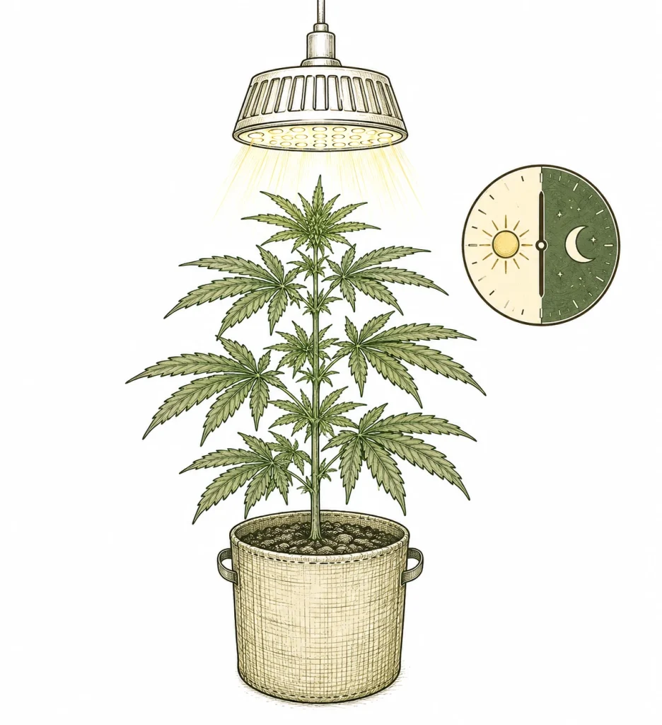 Cannabis light cycle in an indoor grow, showing a light period followed by an uninterrupted dark period