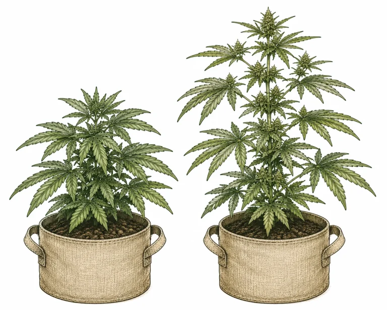 Cannabis plant before and after the flower stretch, size comparison