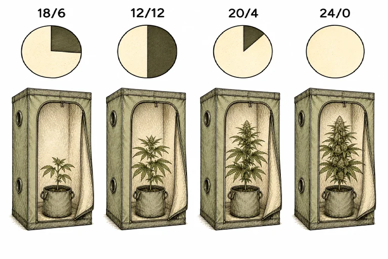 Four different light cycles compared: grow tent illustrations with different light-to-dark ratios