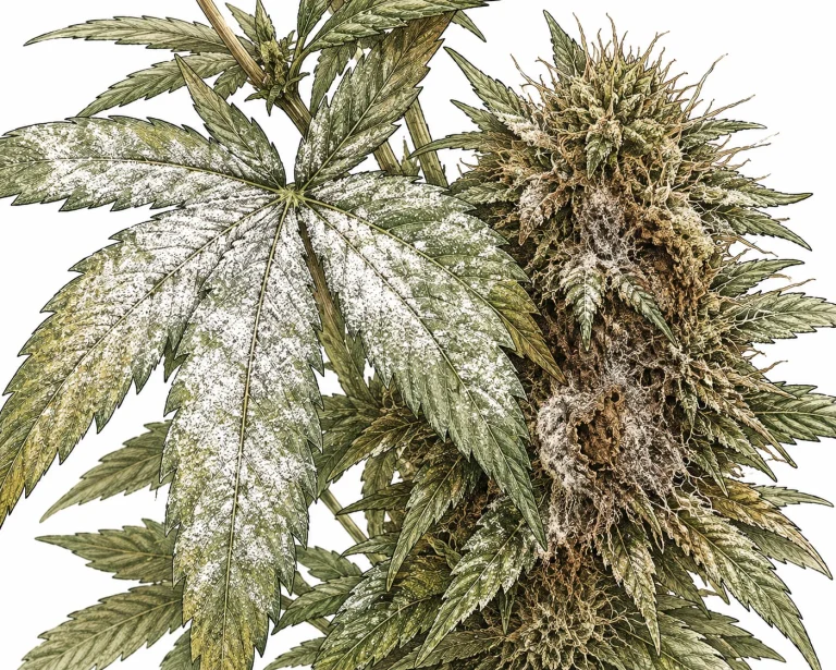 Mehltau und Botrytis Symptome an Cannabis Blättern und Blüten