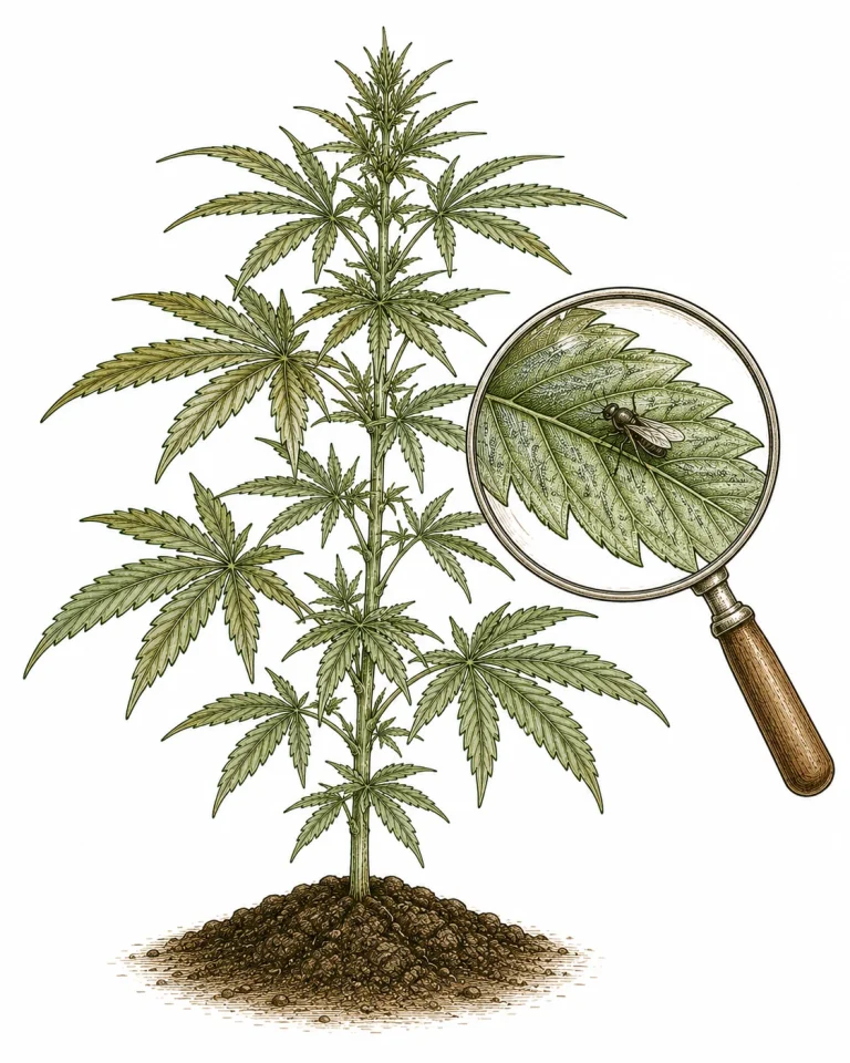 Close-up of an adult leaf miner fly on a cannabis leaf