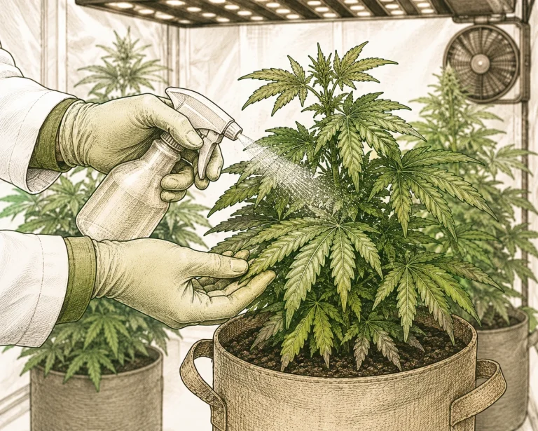 Spraying an organic pest control product against leaf miners on cannabis leaves