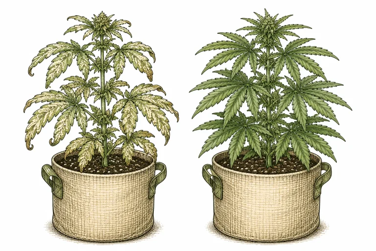 Cannabis plant with a heavy leaf miner infestation compared to a healthy plant