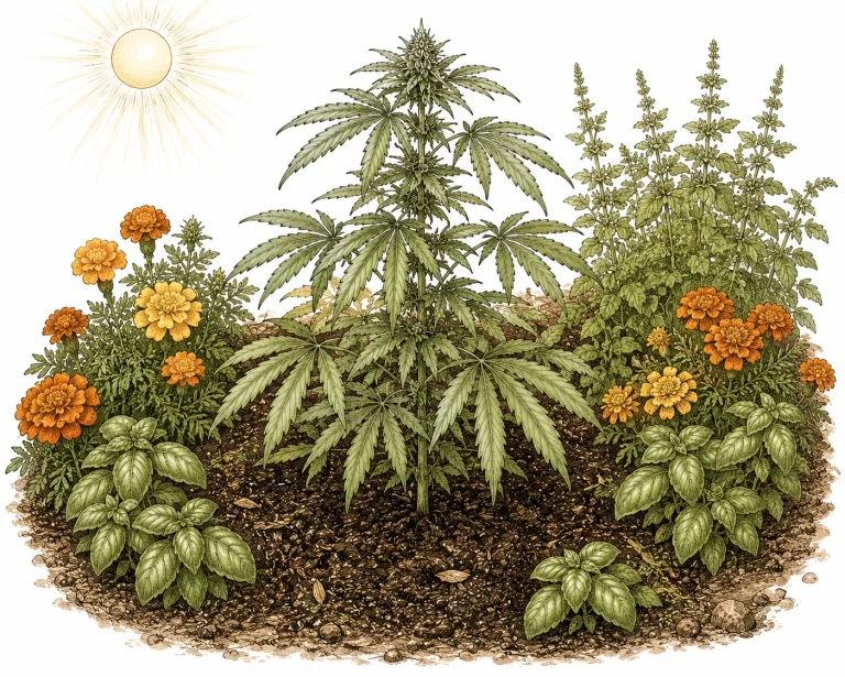 Cannabis Outdoor Beet mit Begleitpflanzen, organischer Anbau