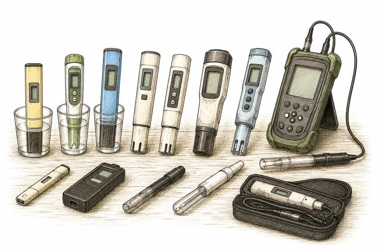 Different cannabis pH meter and EC meter models side by side