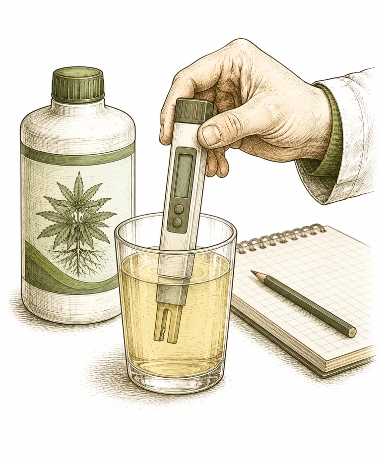 Digital cannabis pH meter in a jug of feed water