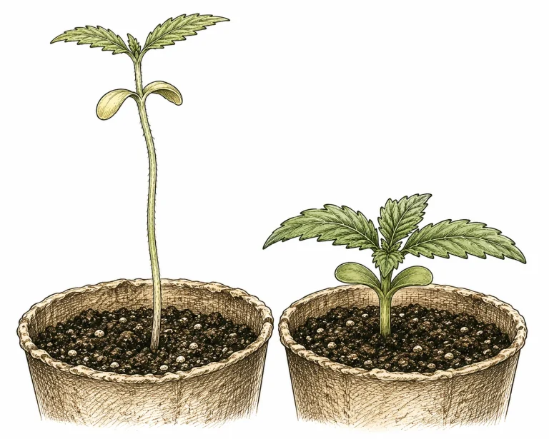 Etiolierung: spargeliger Cannabis Sämling im Vergleich zu einem kompakten Sämling