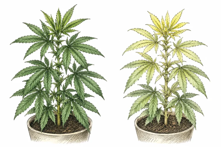 Schwefelmangel Cannabis vs. gesunde Pflanze im Vergleich