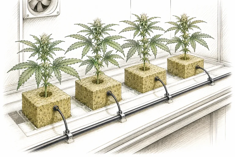 Rockwool slabs with a drip system during the cannabis flowering stage