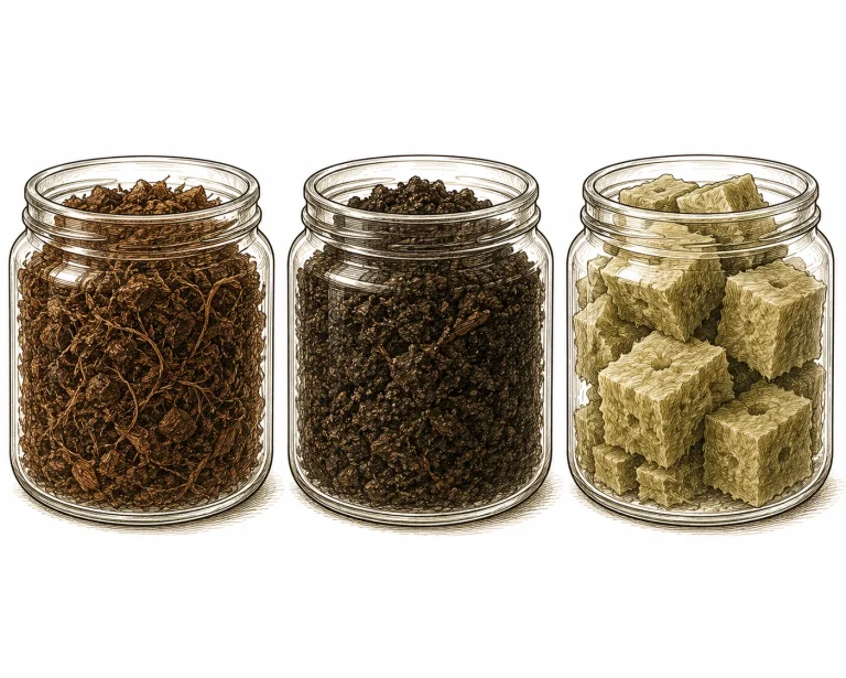 Samples of coco coir, peat and rockwool side by side
