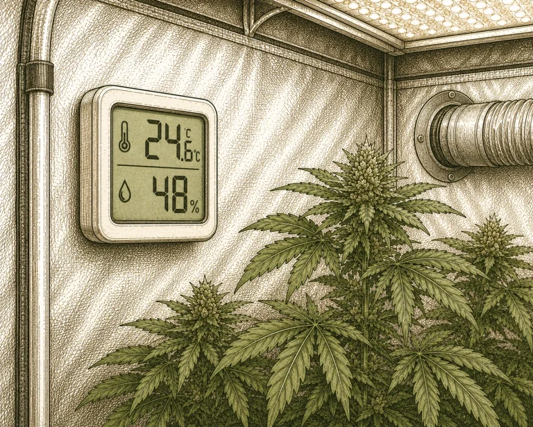 Thermometer neben gesunder Cannabis Pflanze im Grow Tent