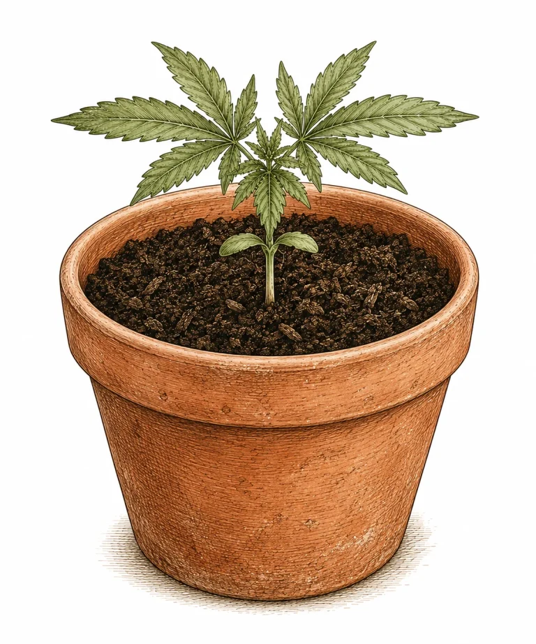 Peat-based soil in a pot with a young cannabis seedling