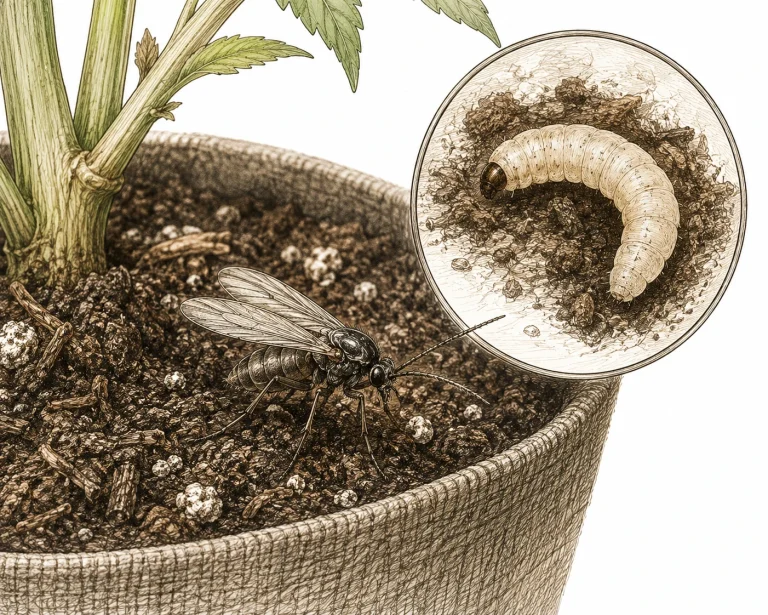 Trauermücken Cannabis – adulte Mücke und Larve im Vergleich