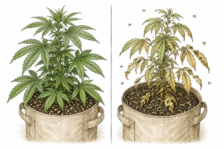 Trauermücken Cannabis – gesunde und geschädigte Pflanze im Vergleich