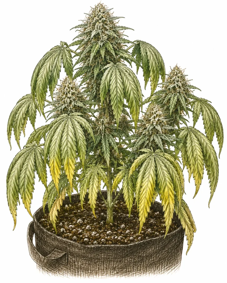 Überwässerung Cannabis Blüte hängende Blätter Vergilbung