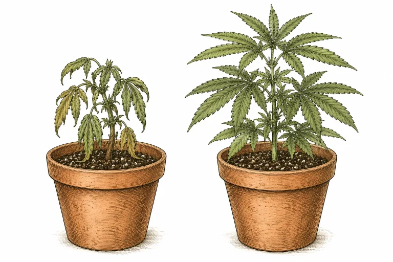 Cannabis plant after a botched vs. a correct transplant