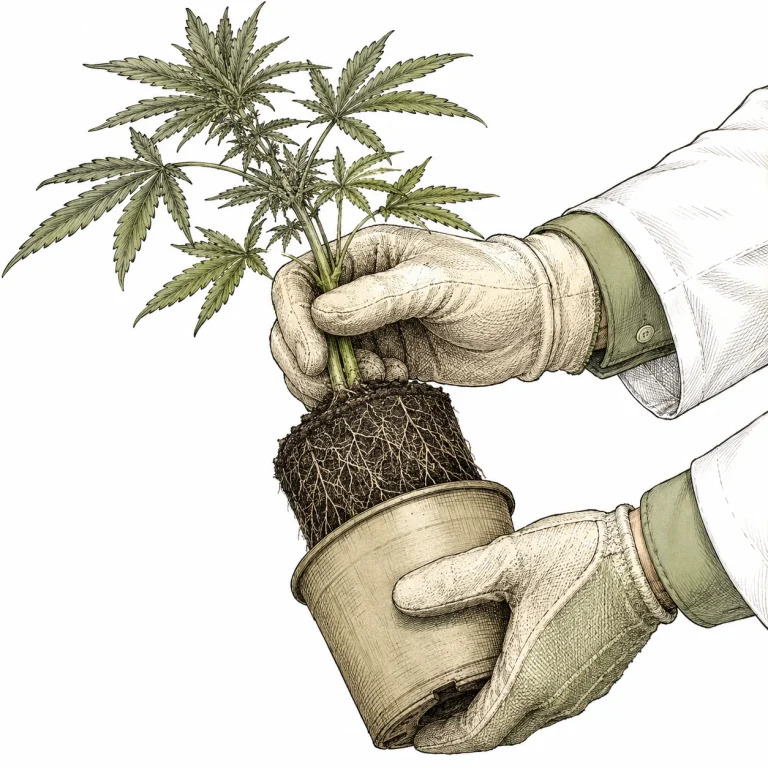 Cannabis root ball being removed from its old pot