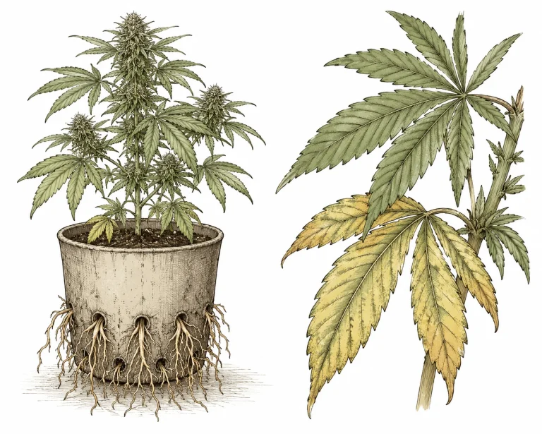 Cannabis roots growing out of drainage holes, yellow leaves