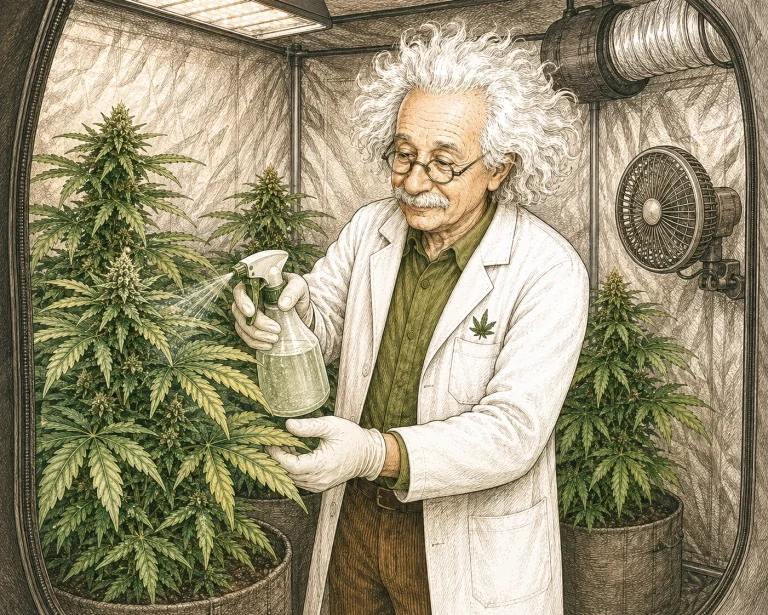 Wollläuse bekämpfen – Behandlung einer Cannabispflanze mit Sprühgerät