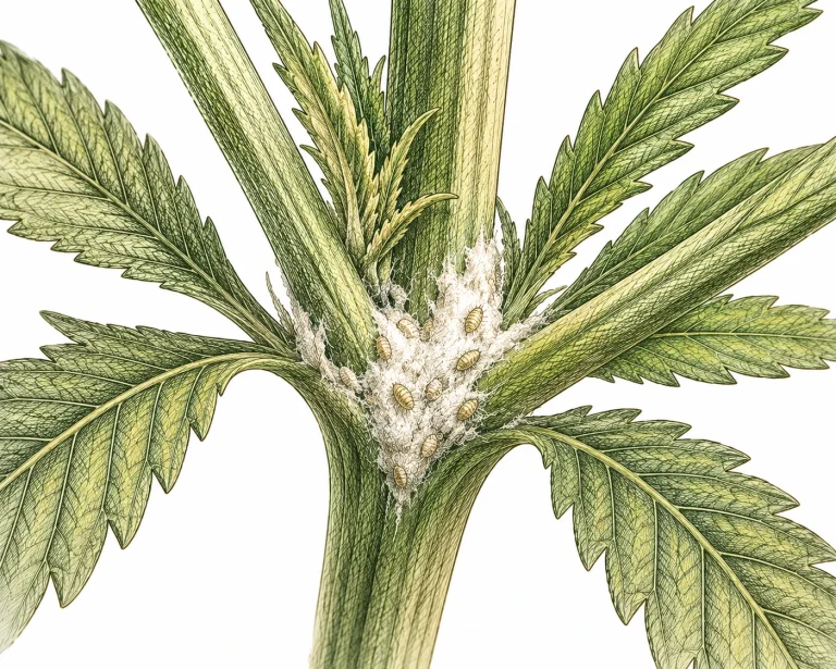 Wollläuse an Cannabis – watteartiger Belag an der Blattachsel
