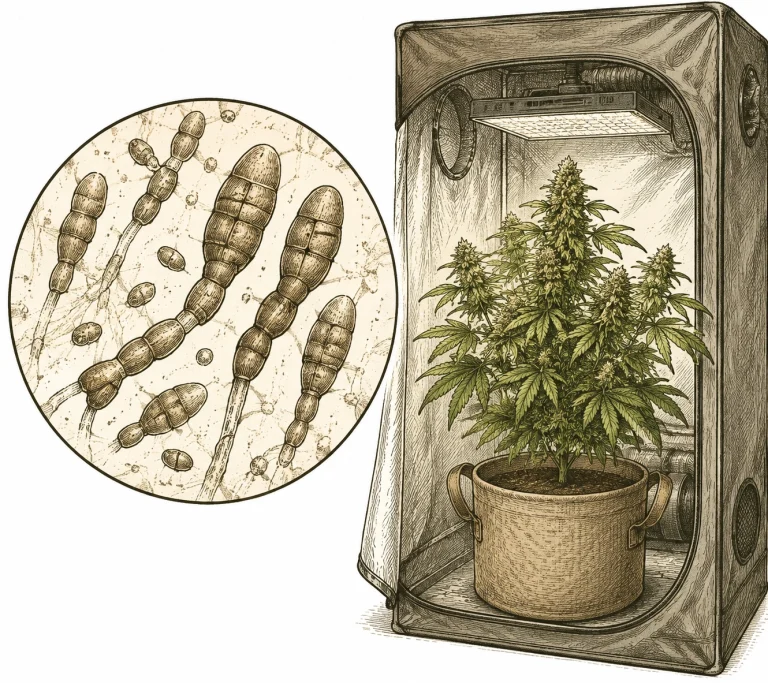 Alternaria spores on cannabis under the microscope